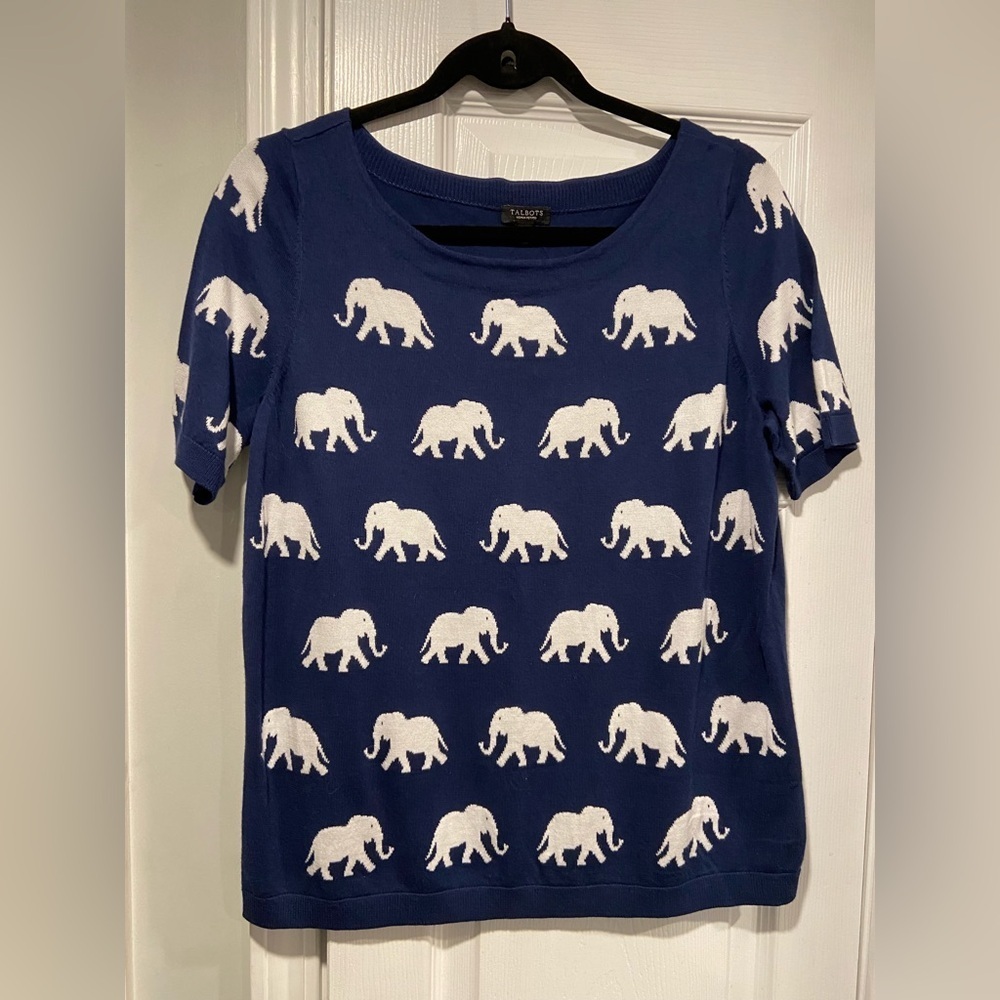 NWT Talbots Size XP Blue Elephant Knit Short Sleeve Lightweight Crew Sweater